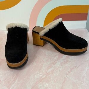 Bernardo Black Suede & Tan Mules with Shearling lining